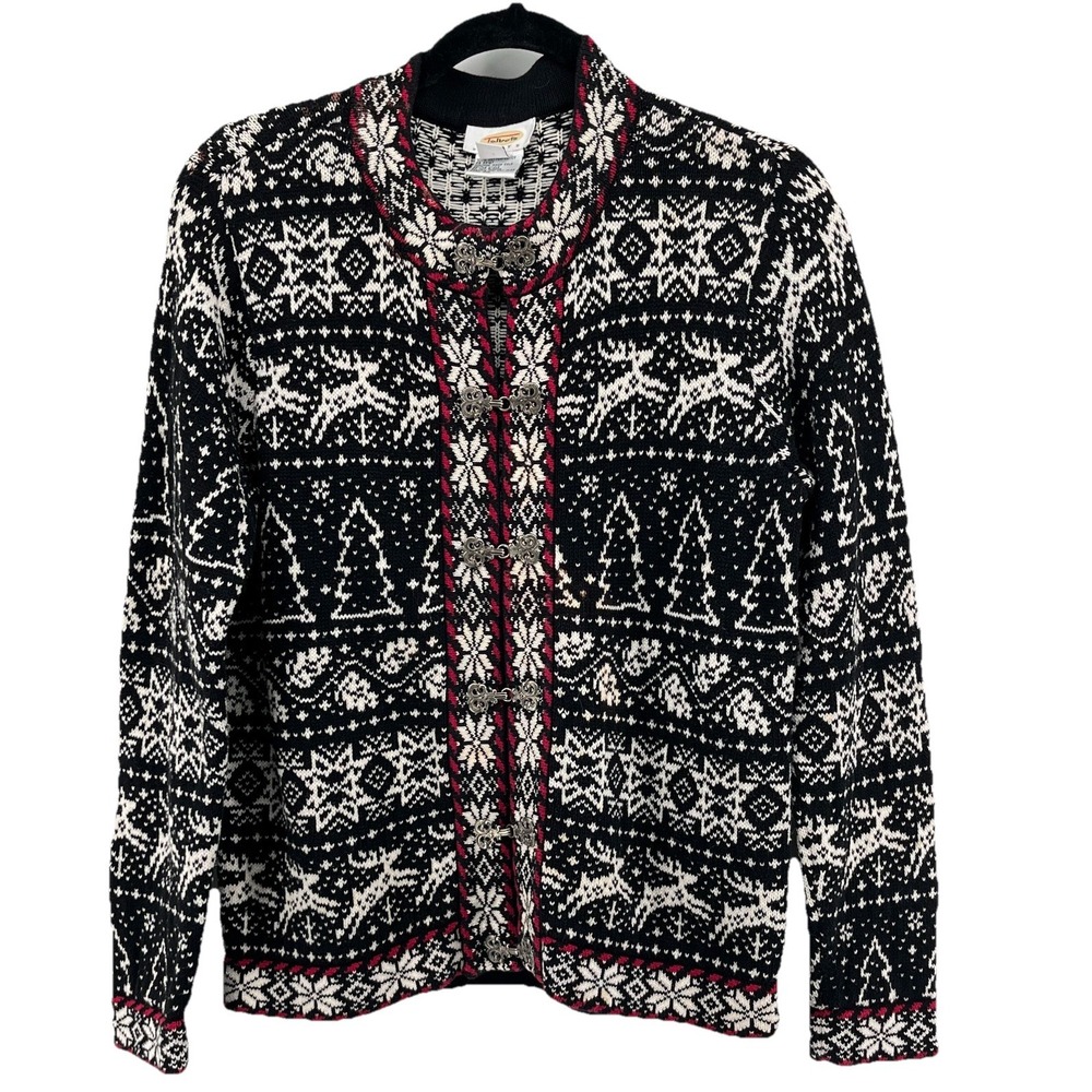 Talbots Nordic Christmas Sweater Silver Pewter Clasps S SP Cardigan Black Red